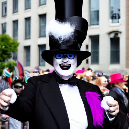 Image similar to The Babadook in black coat and top hat at a pride parade, photograph