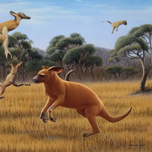 Prompt: boerboel in a field chasing a kangaroo, detailed, intricate