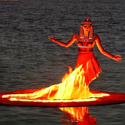 Prompt: the Egyptian goddess of fire walking on water at the Nilo