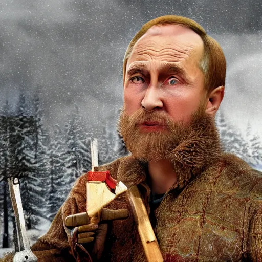 Image similar to Closeup of Vladimir Putin posing as a lumberjack. He has an axe in his hand and is wearing a yellow helmet. He looks very surprised. Hyper realistic photo. Full colour. Extremely detailed facial features.