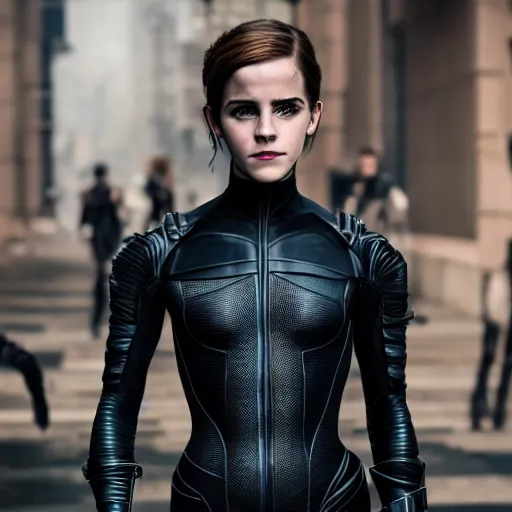 Image similar to Emma Watson as Catwoman, Sony A7R III, 1/2000sec at f/5.6, ISO 1600, 90mm, 8K, RAW, symmetrical balance, Dolby Vision, Aperture Priority