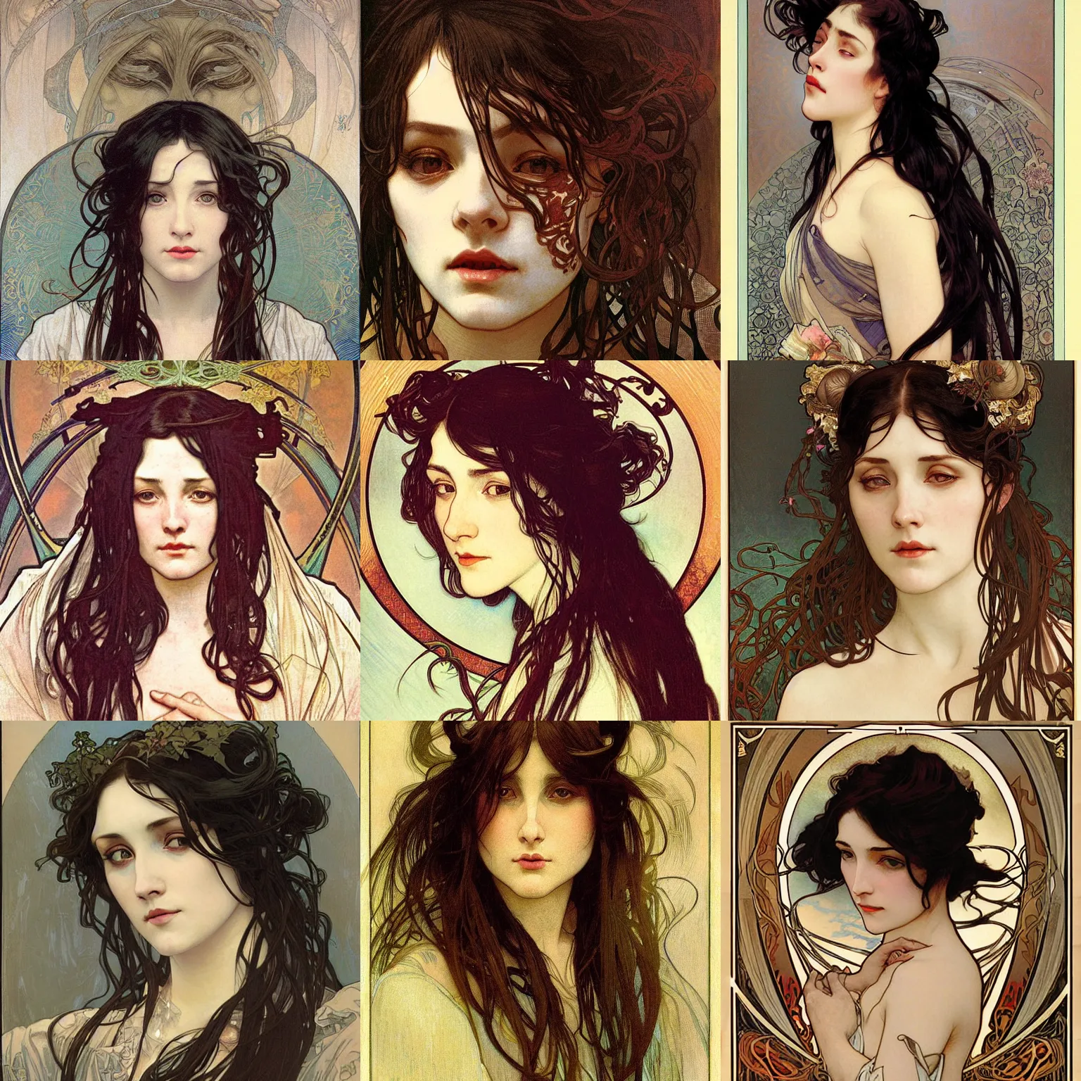 Prompt: close-up portrait of a woman with a scarred face and long black hair with a stern expression, by Alphonse Mucha, Ayami Kojima, Amano, Charlie Bowater, Karol Bak, Greg Hildebrandt, Jean Delville, and Mark Brooks, Art Nouveau, Pre-Raphaelite, Neo-Gothic, gothic, Art Nouveau, rich deep moody colors