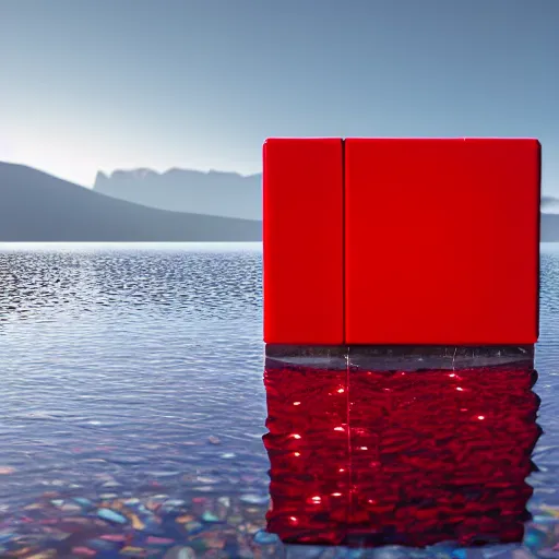 Image similar to a red cube reflected by water in a white room, professional photography, 4k lighting