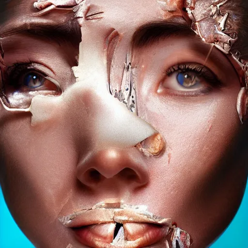 Image similar to A female peeling of her face showing she is a cyborg, hyper realistic, cyborgs, robots, 8k, higly detailed, digital art,