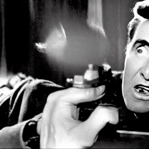 Image similar to scene from the horror picture show with james stewart!!!! james stewart!!!! is acting surprised and holds a revolver