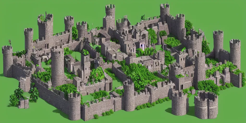 Prompt: medieval castle in a jungle with towers and moat, 3 d, isometric, polygon art style, simple