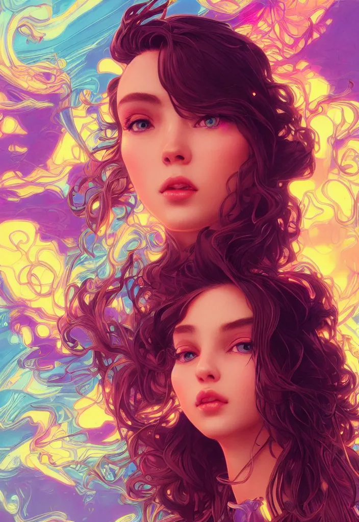 Image similar to beautiful, young woman, detailed gorgeous face, vaporwave aesthetic, synthwave, colorful, psychedelic, artstation, concept art, smooth, extremely sharp detail, finely tuned detail, ultra high definition, 8 k, unreal engine 5, ultra sharp focus, illustration, art by artgerm, greg rutkowski and alphonse mucha
