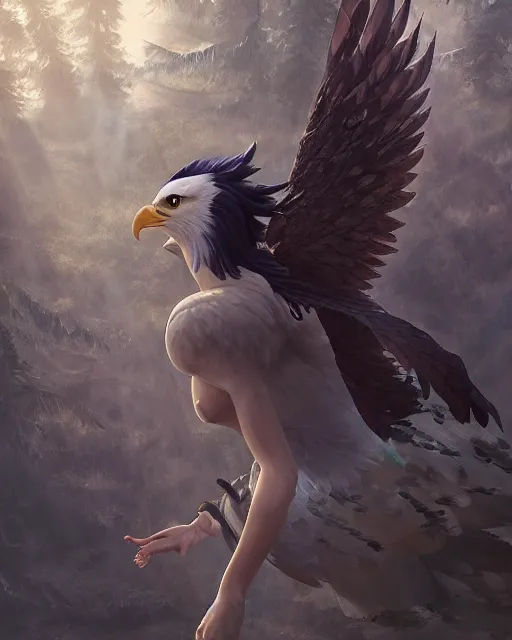 Prompt: a female anthropomorphic eagle warrior. She has two wings on her back. Forest, clearing. Full shot, wings are focus. Flying. Atmospheric lighting, By Makoto Shinkai, Stanley Artgerm Lau, WLOP, Rossdraws, James Jean, Andrei Riabovitchev, Marc Simonetti, krenz cushart, Sakimichan, D&D trending on ArtStation, digital art.