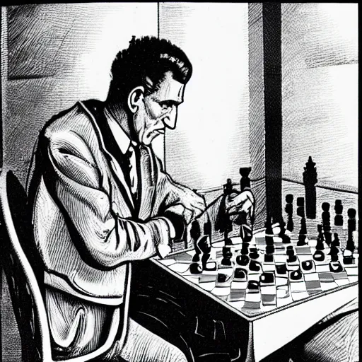 Prompt: ludwig wittgenstein and a humanoid robot playing chess, comic panel