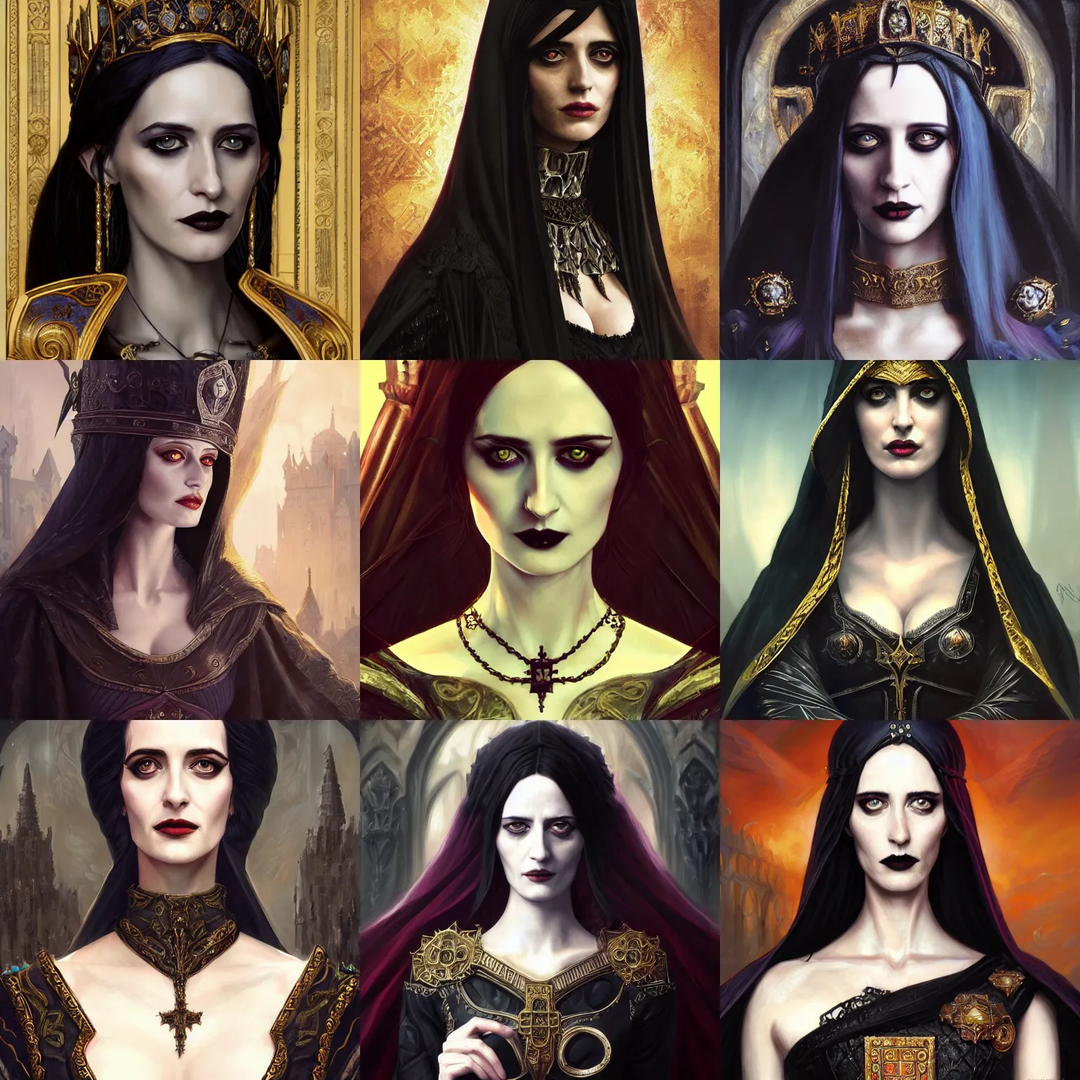 Prompt: gothic byzantine empress, eva green, d & d, fantasy, portrait, highly detailed, digital painting, trending on artstation, concept art, sharp focus, illustration, art by artgerm and greg rutkowski and magali villeneuve