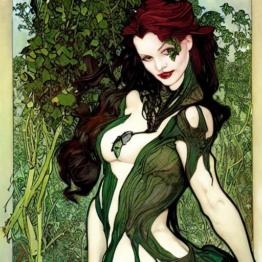 Prompt: a beautiful painting of professor poison ivy, botany, dark eyeliner, intricate, elegant, highly detailed, digital painting, artstation, concept art, matte, sharp focus, illustration, art by rebecca guay and by arthur rackham and by alphonse mucha and by john william waterhouse