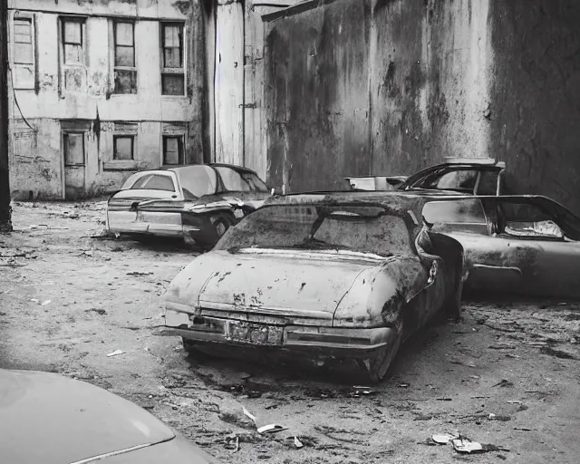 Image similar to beautiful minimalistic realistic photograph, abandoned cars park in a quiet alley by langdon clay, Peter Lippmann, VSCO film grain