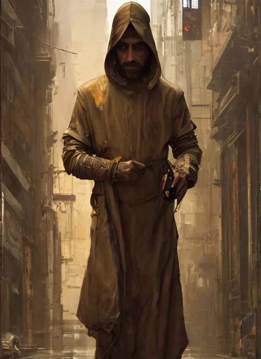 Prompt: futuristic cyberpunk beggar priest wearing an old raincoat ( blade runner 2 0 4 9, cyberpunk 2 0 7 7 character design ). orientalist portrait by john william waterhouse and james gurney and theodore ralli and nasreddine dinet, oil on canvas. cinematic, hyper realism, realistic proportions, dramatic lighting, high detail 4 k