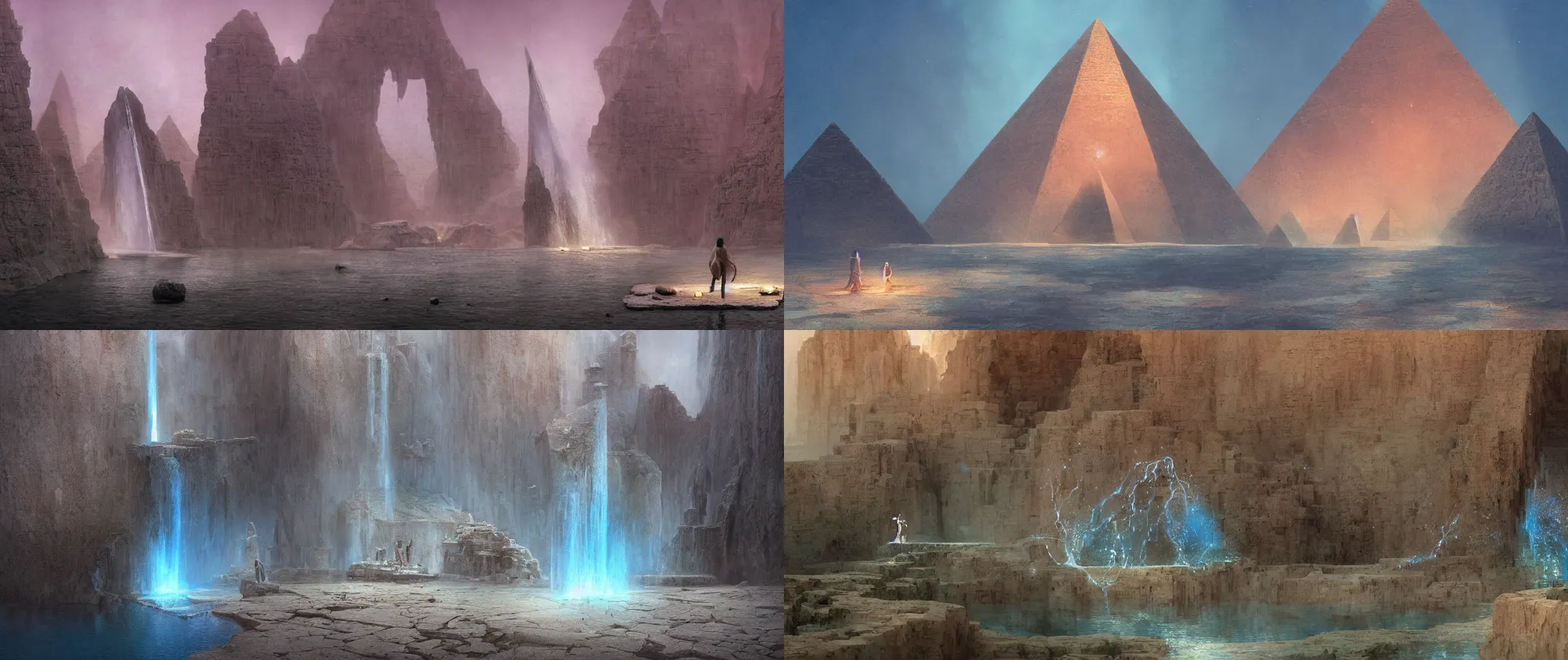 Prompt: closeup of magic gate made of water, pyramids in the desert, floating stones, cascading iridescent waterfalls, dimension of infinit espace, by beksinski, greg rutkowski, wlop, artgerm, andrei riabovitchev, nuri iyem, james gurney, james jean, highly detailed, soft lighting, 8k resolution, oil on canvas