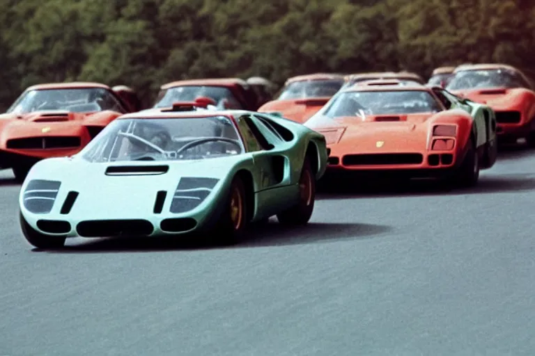 Prompt: vintage archival race footage of a single 1965 Ferrari F40, with elements of the De Tomaso Pantera, Lotus, GT40, BMW M1, and Countach, movie still, speed, cinematic Eastman 5384 film