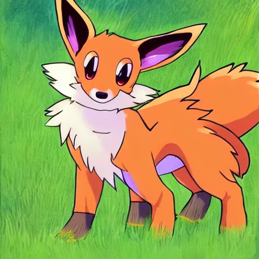 Prompt: 🖌️🎨 Eevee, the fox-like evolution Pokemon, it looks at you curiously from a grassy field ✨📺