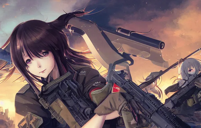 Image similar to under heavy fire, squad, infantry girl, anime style, symmetrical facial features long hair, hair down, explosions, wallpaper, from girls frontline, hyper realistic, pale skin, rule of thirds, extreme detail, 4 k, detailed drawing, trending artstation, realistic lighting, trading card, by alphonse mucha, greg rutkowski, sharp focus, backlit