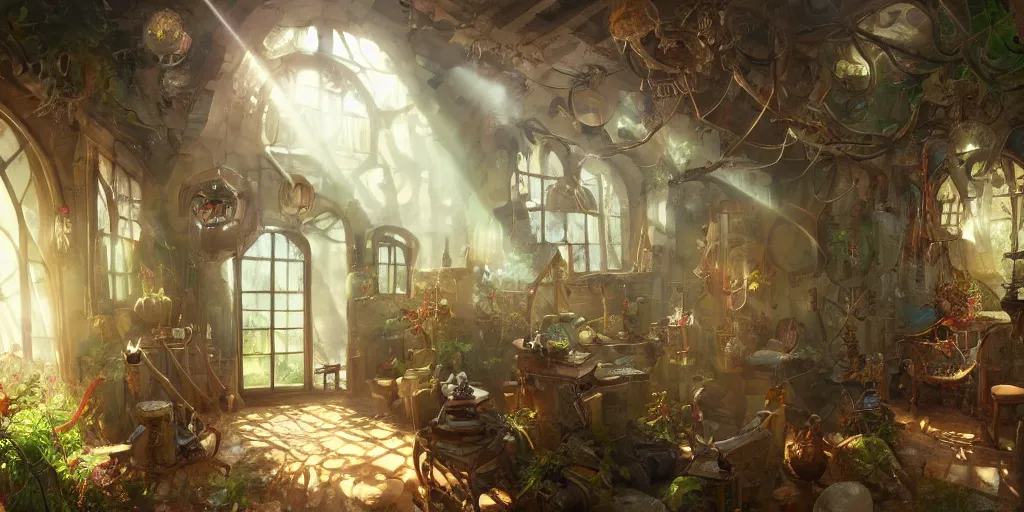 Prompt: interior of small house of an inventor, fantasy steamunk elements, barn, weird inventions, shining sun, river, magic, sunlight rays, with trees and plants around Darek Zabrocki, Karlkka, trending on Artstation, 8K