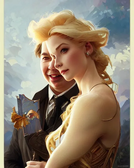 Image similar to Portrait of a  blonde lady and Michael mcintyre with Dogtanian, intricate, elegant, highly detailed, artstation, concept art, smooth, sharp focus, art by artgerm and greg rutkowski and alphonse mucha