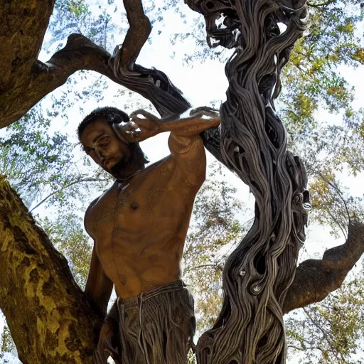 Image similar to a human man statue stuck in a cosmic tree, a sense of awe, amazement, monogon, plasma display, wooden, silver, mercury, damascus, armature wire, multiscopy, morph, in a symbolic and meaningful style, insanely detailed and intricate, hypermaximalist, elegant, ornate, hyper realistic, super detailed,