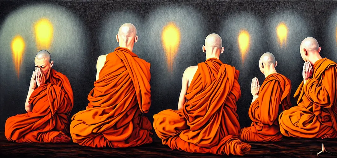 Image similar to dystopian surreal painting of monks praying