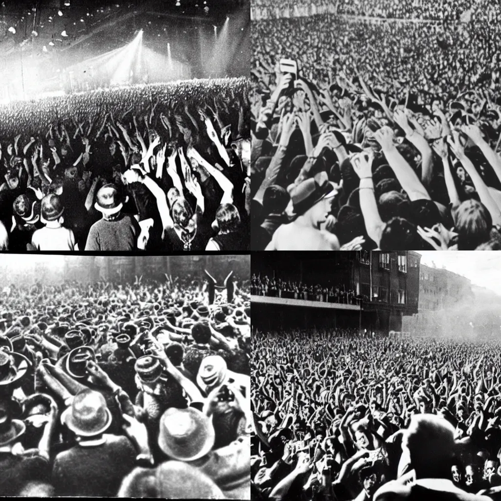 Prompt: 1930s photo of a heavy metal concert and the crowd taking videos with their mobile phones