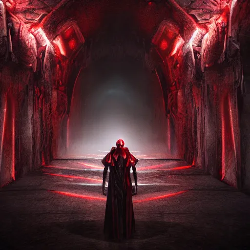 Image similar to hyper realistic photography of an archangel in front of hell's gate. complex architecture, blood drops on the walls. dark background. high details, trending on artstation