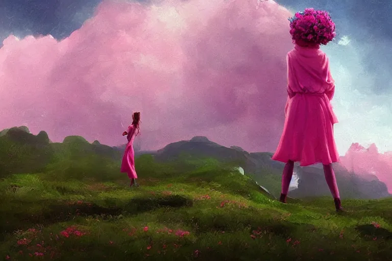 Image similar to giant pink flower as a head, girl standing on mountain, surreal photography, stars, dramatic light, impressionist painting, storm clouds, digital painting, artstation, simon stalenhag