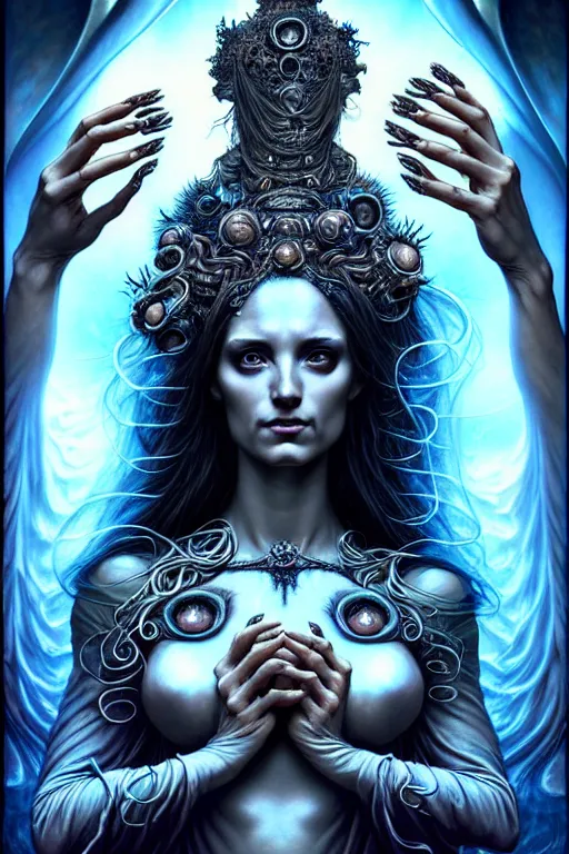 Image similar to A beautiful detailed goddess woman with 6 arms super dark tarot card, gorgeous model face by Stanley Artgerm, by tomasz alen kopera and Justin Gerard, 4 eyes, beautiful symmetrical features, ominous, magical realism, texture, intricate, ornate, royally decorated, melting, whirling smoke, embers, blue adornements, blue torn fabric, radiant colors, fantasy, trending on artstation, volumetric lighting, micro details, 3d sculpture, ray tracing, 8k, anaglyph effect