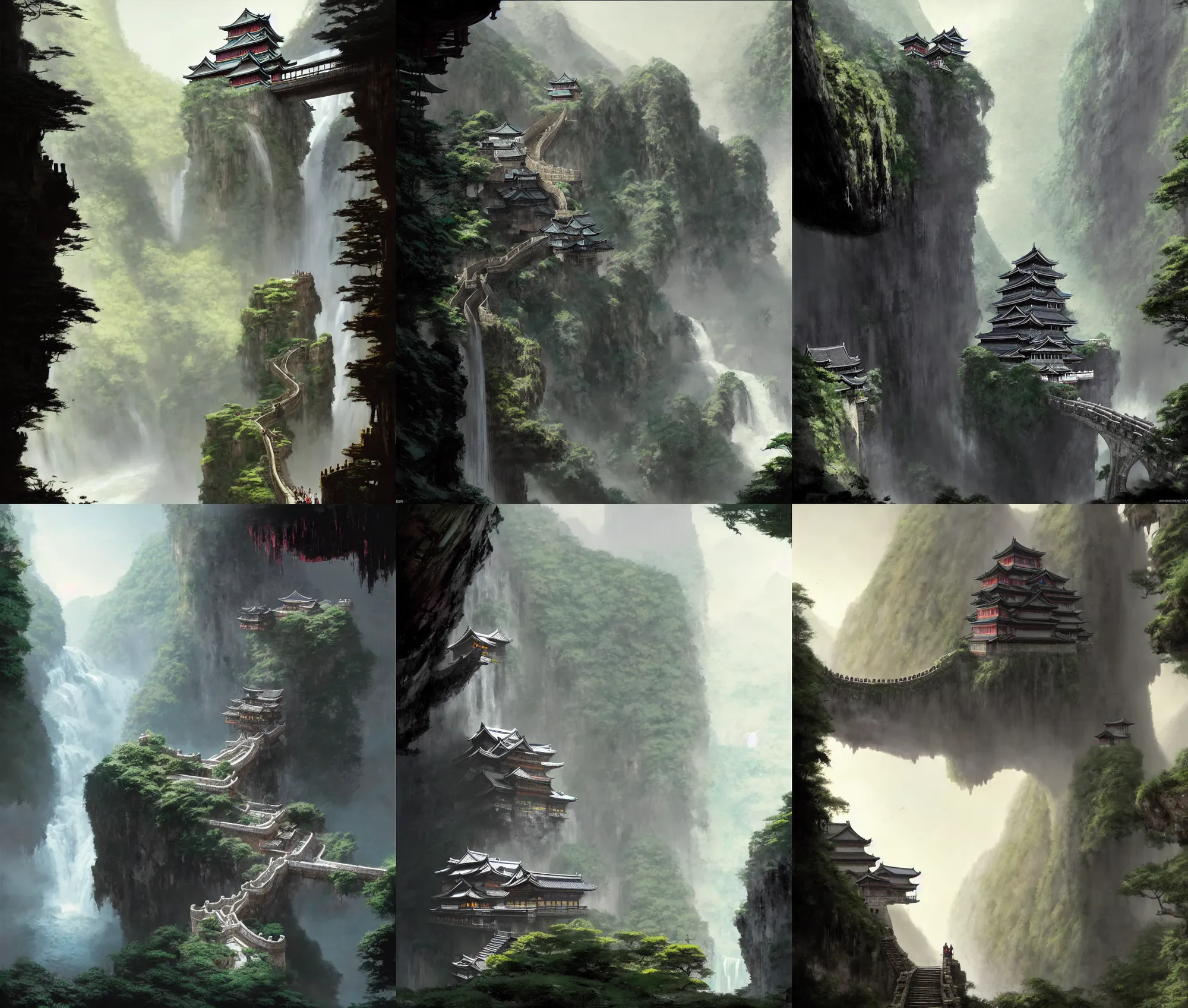 Prompt: establishing wide shot inside han son doong with waterfalls on either side of the cliff walls, at the top of the cliff is a japanese castle, a cloister is built into the cliff walls, an old suspension bridge spans the walls, dawn lighting, detailed concept art by greg rutkowski and eddie mendoza