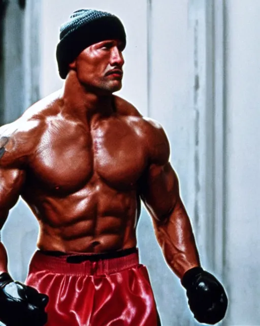 Image similar to Film still close-up shot of Dwayne Johnson as Rocky Balboa from the movie Rocky. Photographic, photography