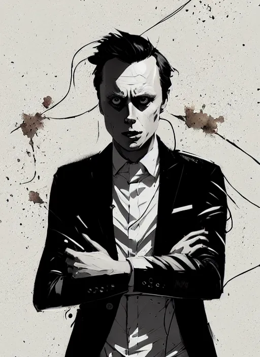 Prompt: highly detailed closeup portrait of martin wallstrom, tyrell wellick, wearing suit by atey ghailan, by greg rutkowski, by greg tocchini, by james gilleard, by joe fenton, by kaethe butcher, gradient blue, black and white color scheme, grunge aesthetic!!! ( ( graffiti tag wall background ) )