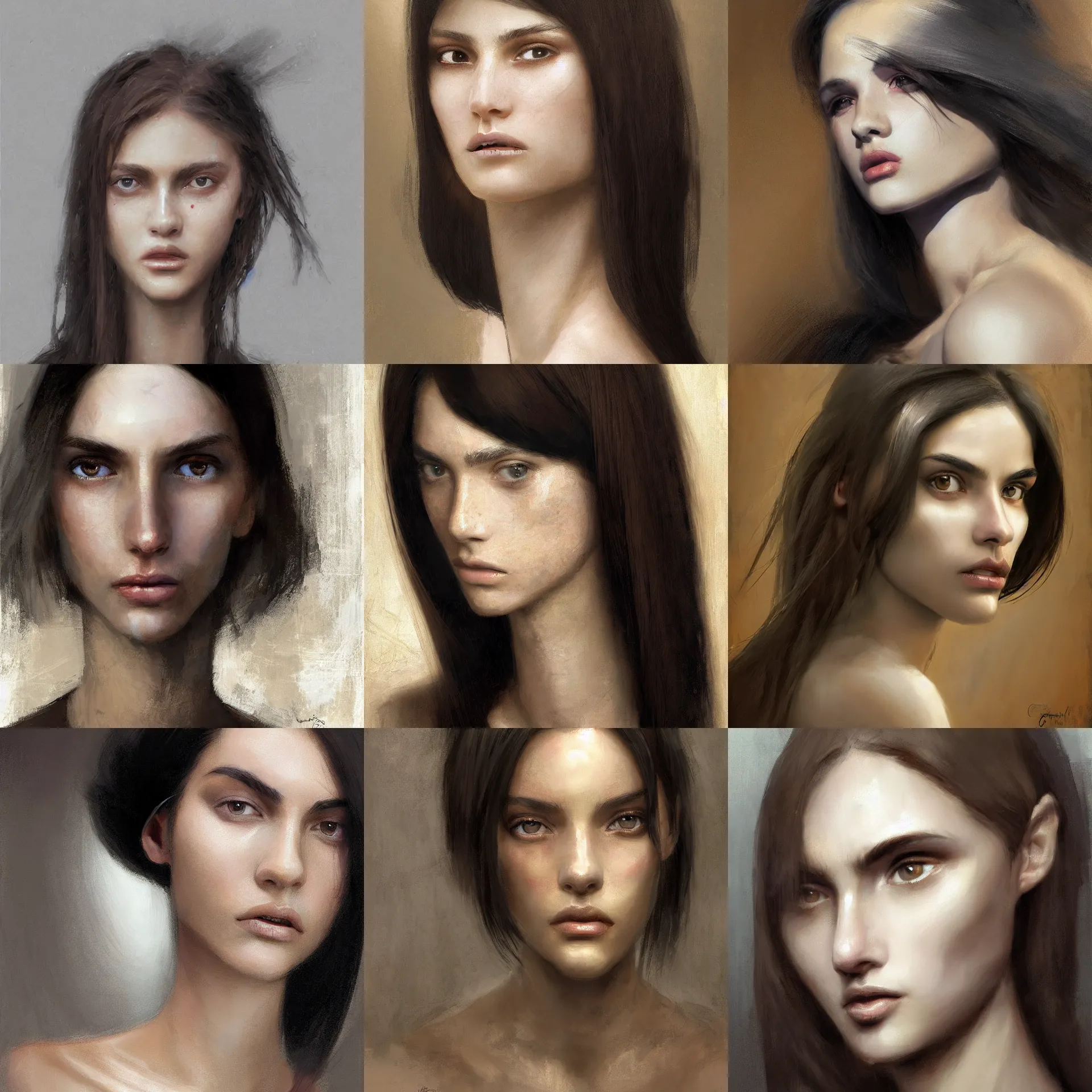 Prompt: digital art painting of a skinny 2 0 years old white skin young latino woman, long black straight hair, small straight nose, strong defined jaw, small chin, brown eyes painted by craig mullins and gaston bussiere and greg rutkowski, symmetrical facial features, symmetrical face, defined facial features, dramatic lighting, close up