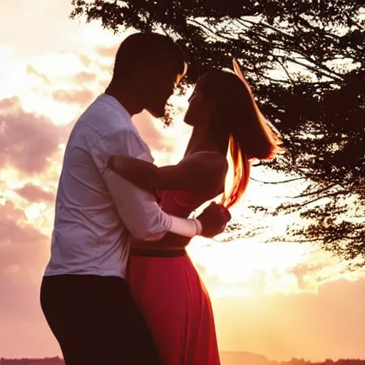 Image similar to couple dancing, sunset, cinematic, sun