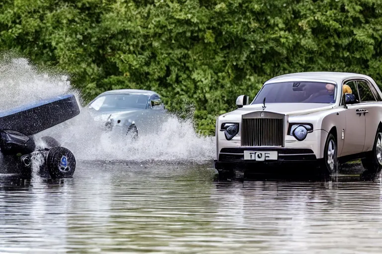 Image similar to Teenagers push Rolls-Royce into lake with their hands from a small slide wanting to drown him