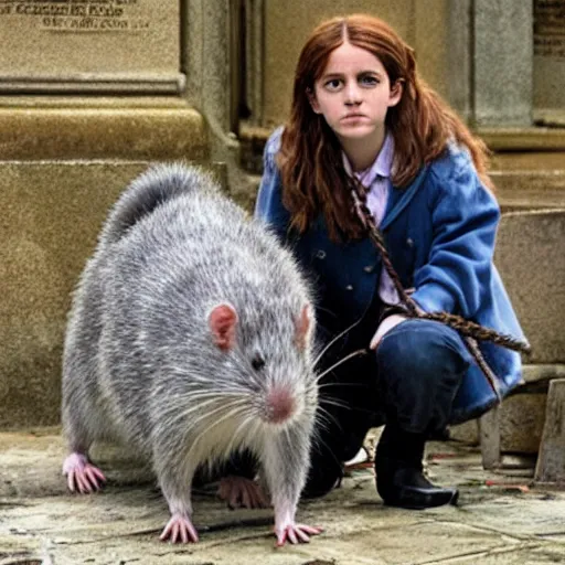 Prompt: hermione and a giant rat