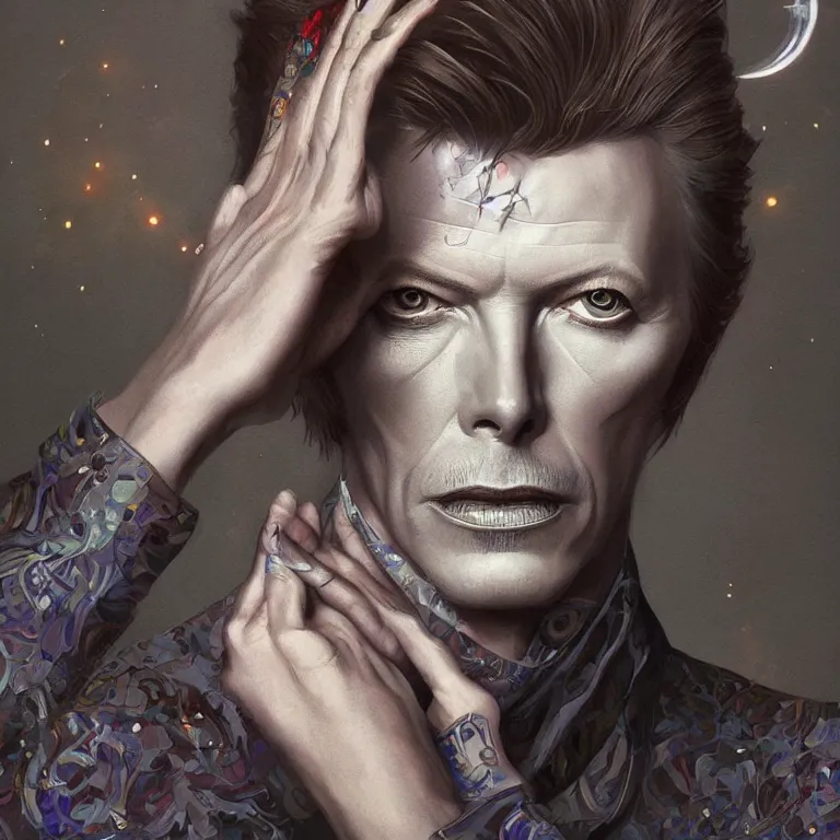 Image similar to portrait of David Bowie, fantasy, intricate, elegant, highly detailed, digital painting, artstation, concept art, smooth, sharp focus, illustration, art by artgerm and greg rutkowski and alphonse mucha