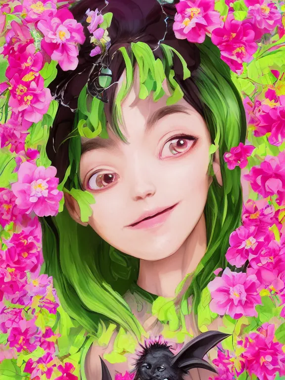 Image similar to Full shot of a cute mischievous young spring witch about to get up to some trouble with her playful bat familiar. Latin American fashion. Floral patterns. cherry blossoms. Pink and Lime Green palette. Magic. Latina girl. brown skin. defined facial features, symmetrical facial features. Smiling. By Ruan Jia and Artgerm and Range Murata and WLOP and Ross Tran and William-Adolphe Bouguereau. Key Art. Fantasy Illustration. award winning, Artstation, intricate details, realistic, Hyperdetailed, 8k resolution.