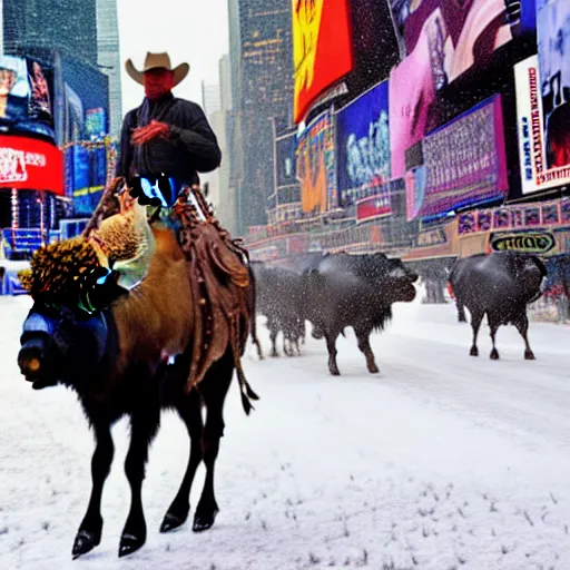 Image similar to wild west cowboy riding a buffalo in times square while it ’ s snowing