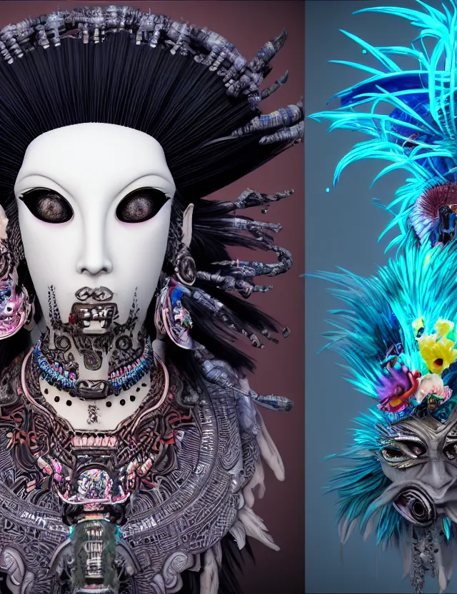 Image similar to 3 d goddess close - up profile portrait punk with mohawk with ram skull. beautiful intricately detailed japanese crow kitsune mask and clasical japanese kimono. betta fish, jellyfish phoenix, bio luminescent, plasma, ice, water, wind, creature, artwork by tooth wu and wlop and beeple and greg rutkowski