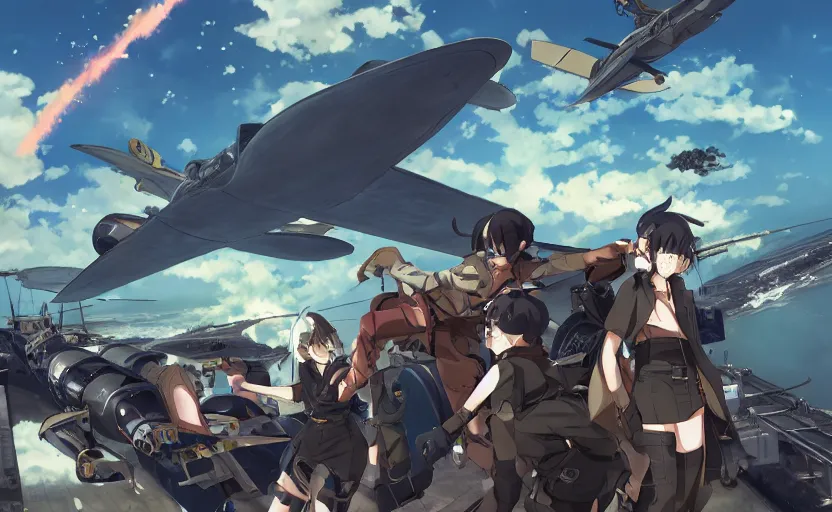 Image similar to Battle of Midway by Makoto Shinkai, cyborgs, futuristic, steampunk, Magic