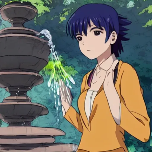 Prompt: jirou kyoka, pouring water from vase into stone fountain. spanish ghibli alleyway. symmetrical face. symmetrical detailed defined eyes. isekai background style.