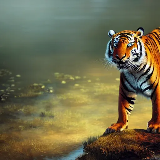 Image similar to bipedal tiger in a bandit costume standing in swamp water gazing at the sunset, fantasy, cinematic, studio ghibli, wide shot, dramatic lighting, dynamic, ultra realistic, ultra detailed, 8 k, thin line work, trending on artstation