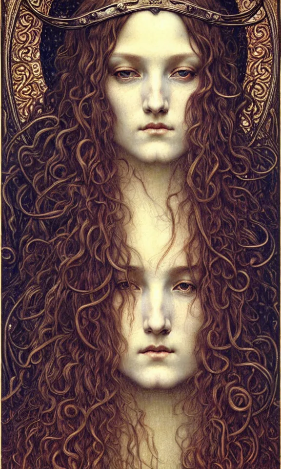 Image similar to detailed realistic beautiful young medieval queen face portrait by jean delville, gustave dore and marco mazzoni, art nouveau, symbolist, visionary, gothic, pre - raphaelite. horizontal symmetry