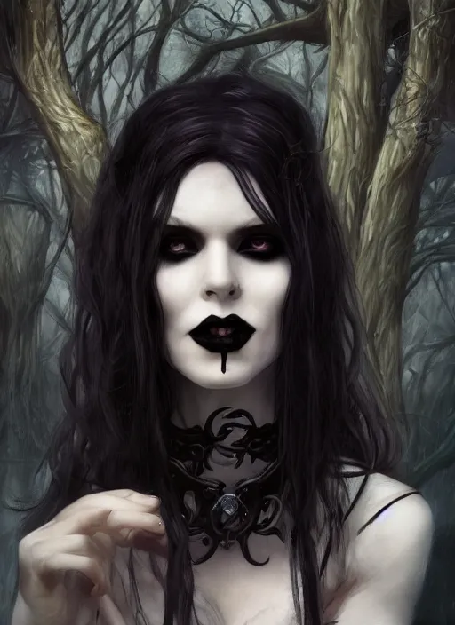 Image similar to tarot!!, pale, beautiful goth vampire with long hair, fantasy, elegant, concept art, sharp focus, beautiful face!!, digital art, Hyper-realistic, 4K, Unreal Engine, Highly Detailed, HD, Dramatic Lighting, Beautiful, by Brom, trending on Artstation