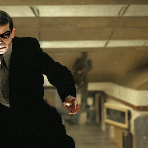 Prompt: film still of Rowan Atkinson in the Matrix