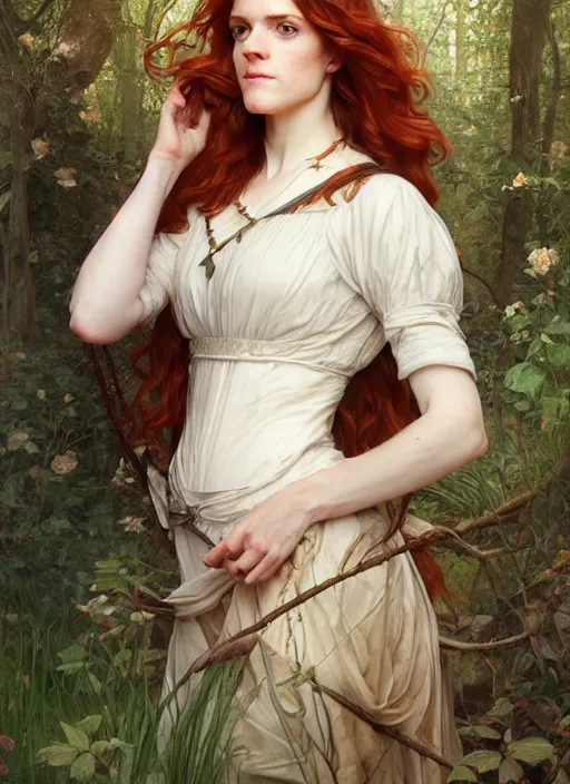 Image similar to portrait Rose Leslie as fox in the forest, full length shot, shining, 8k highly detailed, sharp focus, illustration, art by artgerm, mucha, bouguereau