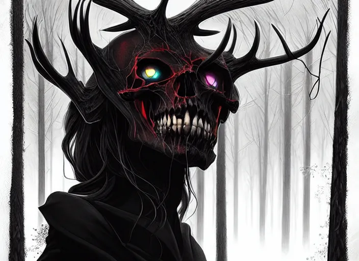 Image similar to style artgerm, joshua middleton, steve niles, diego fazio, marc simonetti : : scary wendigo with antlers and skull face mixed with werewolf : : [ beautiful witch wearing a black dress, symmetrical face, on the right side ] : : in the forest, detailed, dark and foggy, cinematic lighting