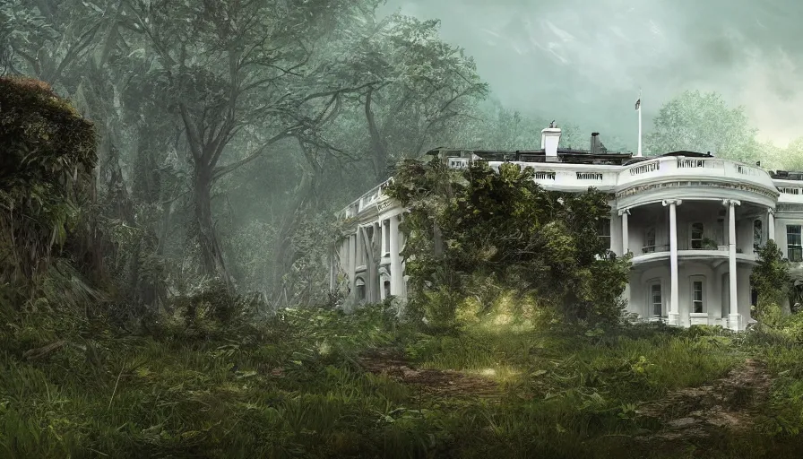 Prompt: Abandoned White House covered by vegetation, game art matte painting, hyperdetailed, artstation, cgsociety, 8k