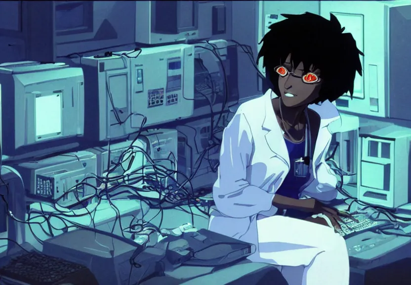 Image similar to dark skin woman wearing a white lab coat with a blue haircut, body connected to wires and surrounded by 1 9 8 0 s computers, in the style of serial experiments lain and gainax evangelion 1 9 9 5, dynamic lighting, dark ambience, one light source, 3 5 mm, cell - shaded, detailed face